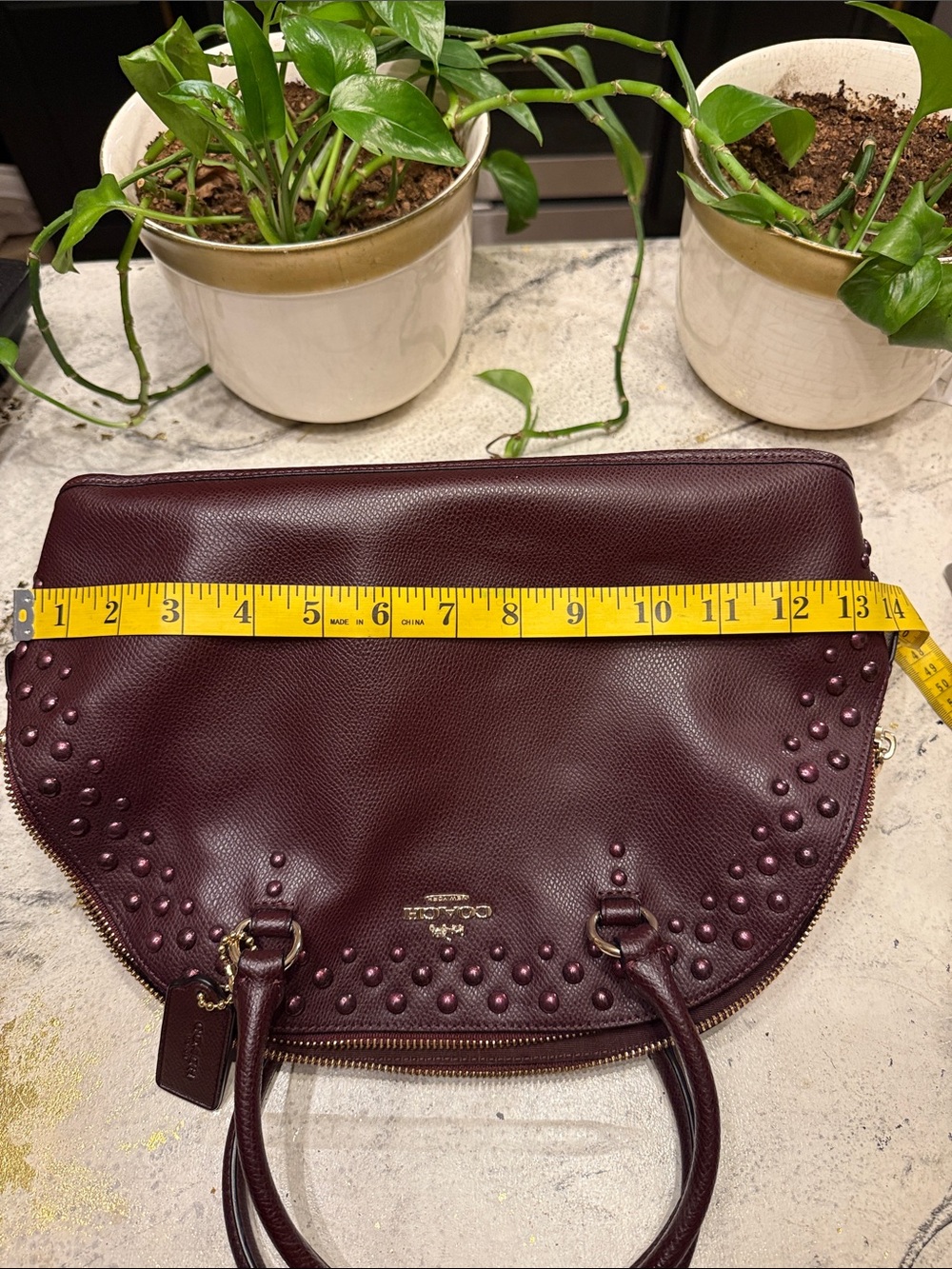 COACH Burgundy Studded Dome Satchel with Gold Hardware - Picture 12 of 13